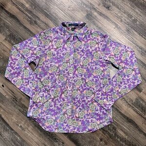 Lauren Ralph Lauren Floral Button Front Womens Purple Blouse- 100% Cotton- SMALL